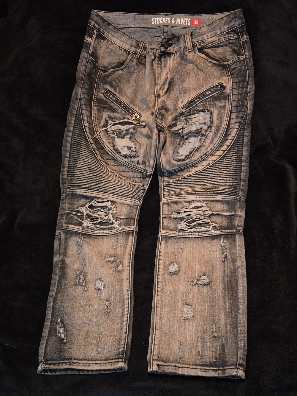 Stitches & Rivets Men's Distressed Gray Biker Jeans
